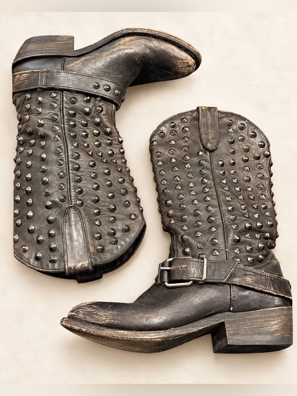 ASH Studded Distressed Leather Western Moto Boots EU 38/7.5